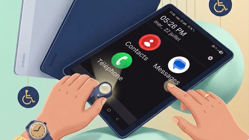 Deux mains sur une tablette Android Samsung : l’écran d’accueil simplifié affiche l’heure en très grand et trois grandes icônes, Téléphone, Contacts et Messages. Une main tient une loupe éclairante, l’autre appuie sur une icône.