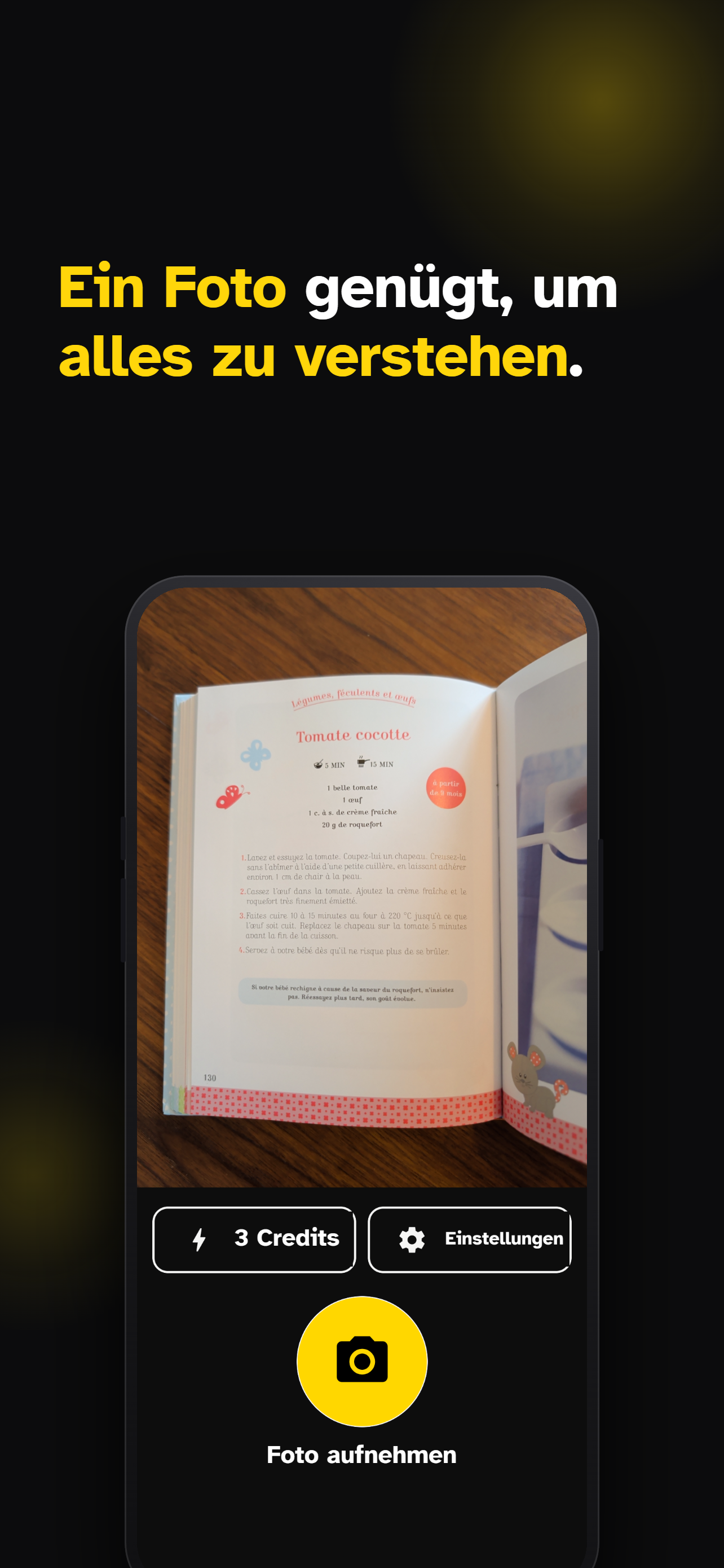 Roro-App — Kamerabildschirm zum Fotografieren eines Dokuments